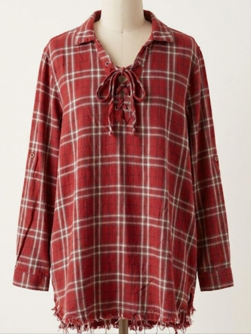 Oversized Red Plaid Long Sleeves with Raw Hem Western-Chic Tie V-Neck Sz Medium
